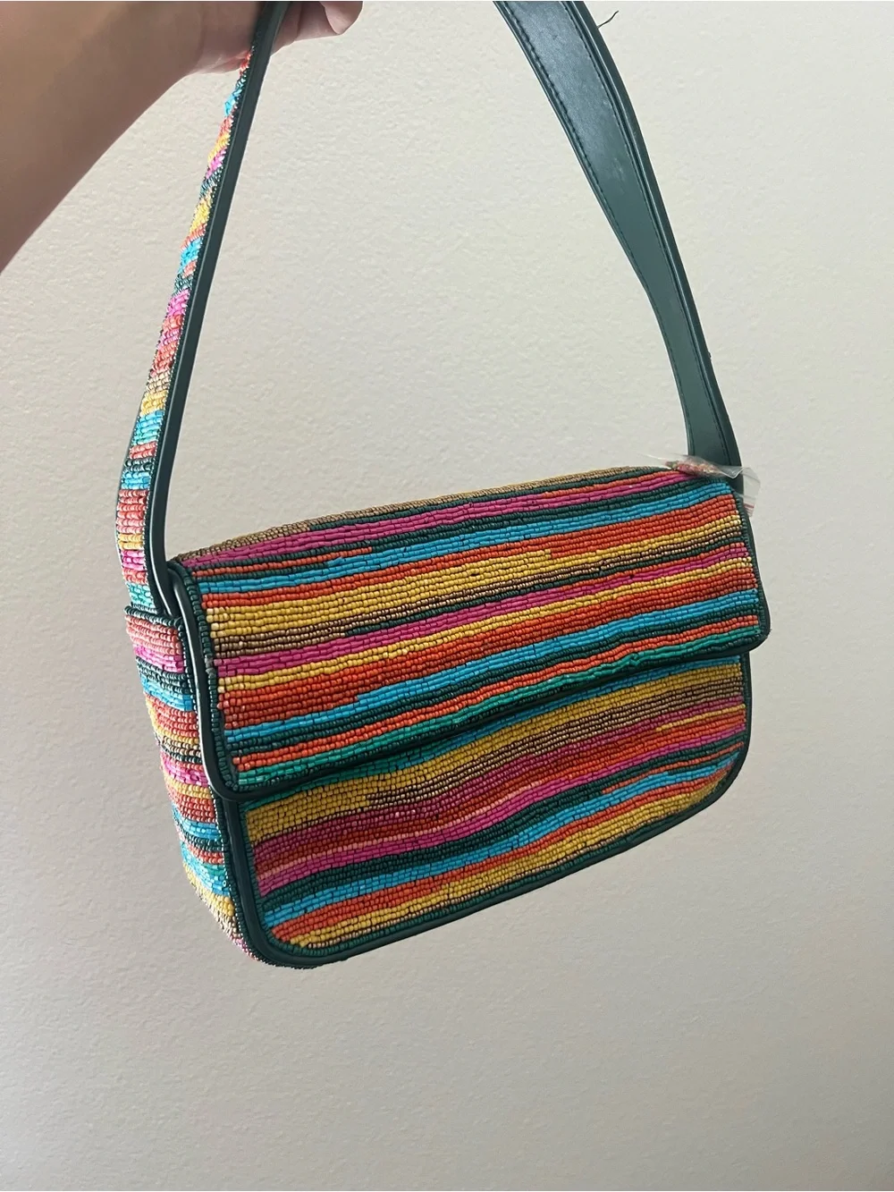 STAUD Multicolor Beaded Shoulder Bag with Dark Teal Strap